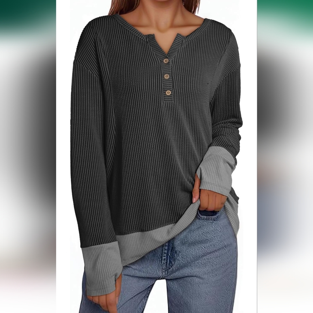 SHEWIN Womens Sweatshirt Casual Fall Tops for Women Trendy Button Henley Neck, M